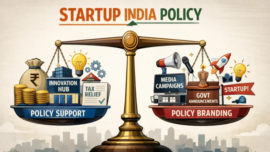 Balance scale comparing policy support and policy branding under Startup India Policy
