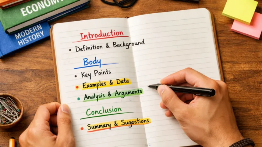 Government exam aspirant writing a structured topper-style answer with highlighted keywords and exam books on desk