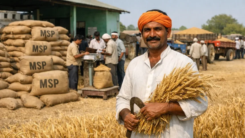 Indian farmers selling wheat at a government mandi under the Minimum Support Price (MSP) procurement system