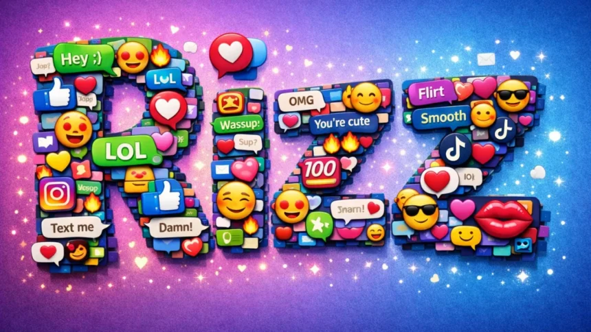 The word Rizz formed from chat bubbles, emojis, and social media icons