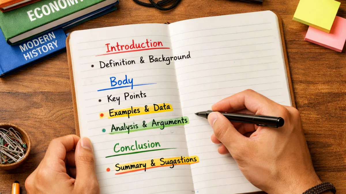 Topper-style exam answer sheet with diagrams, flowcharts, and highlighted keywords for government exam preparation.