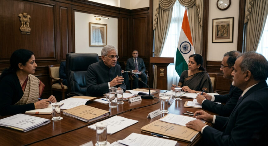 Political leaders and officials discussing Article 370 in a formal meeting setup